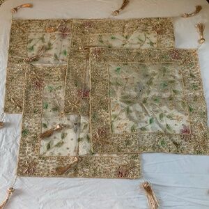 Set of 4 Vintage Gold Beaded Table Runners - Floral Embroidered with Tassels 15"